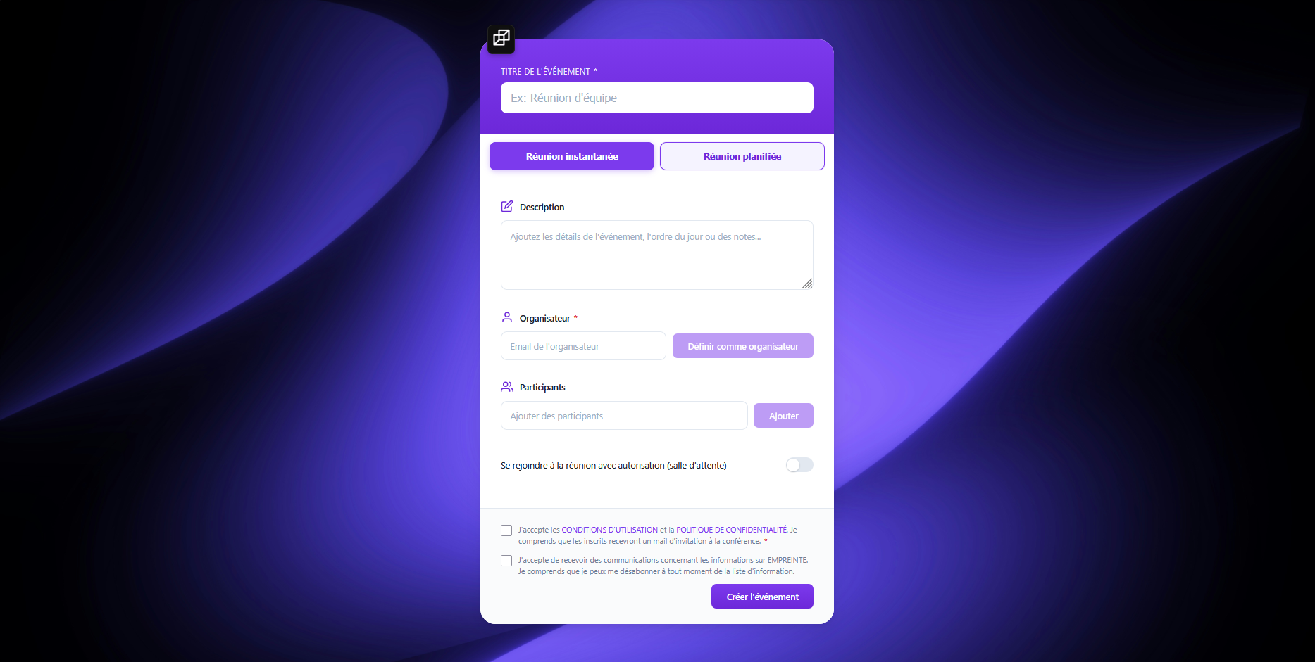 Page d'accès instantané au live depuis le navigateur
